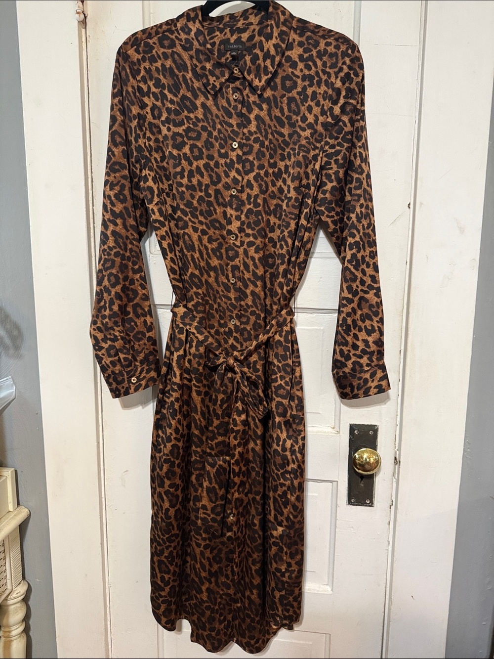 Talbots Brown and Black Leopard Print Long-Sleeve Shirt Dress